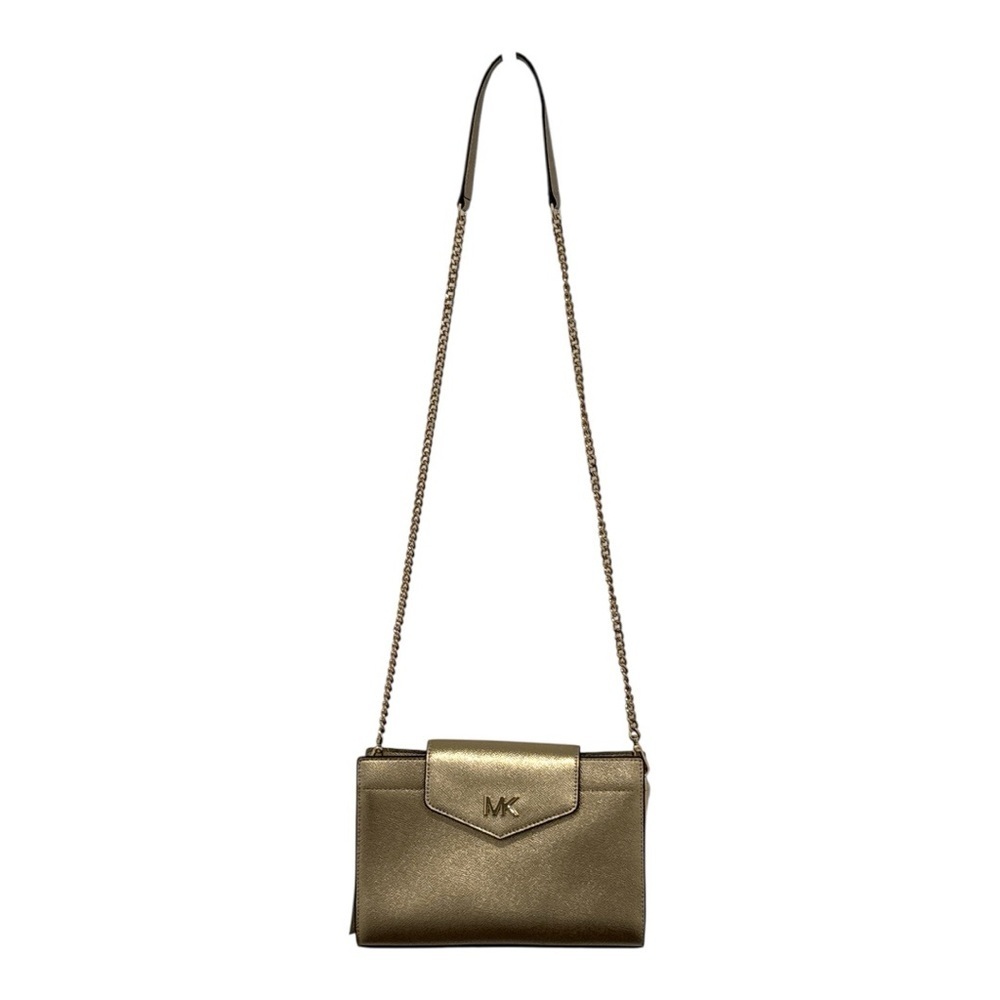 NWT Michael Kors Large Pale Gold Leather Crossbody Clutch Purse Metallic - Picture 2 of 8